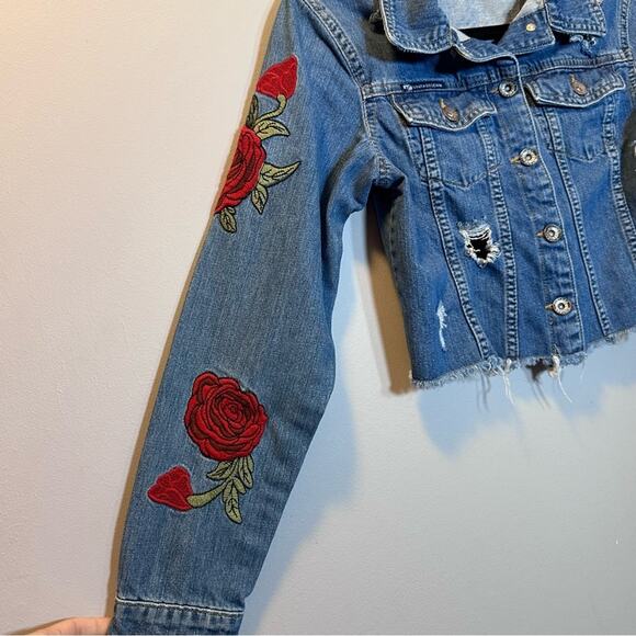 Guns N Roses denim jacket up cycle crop embroidered roses distressed raw hem - Picture 7 of 10